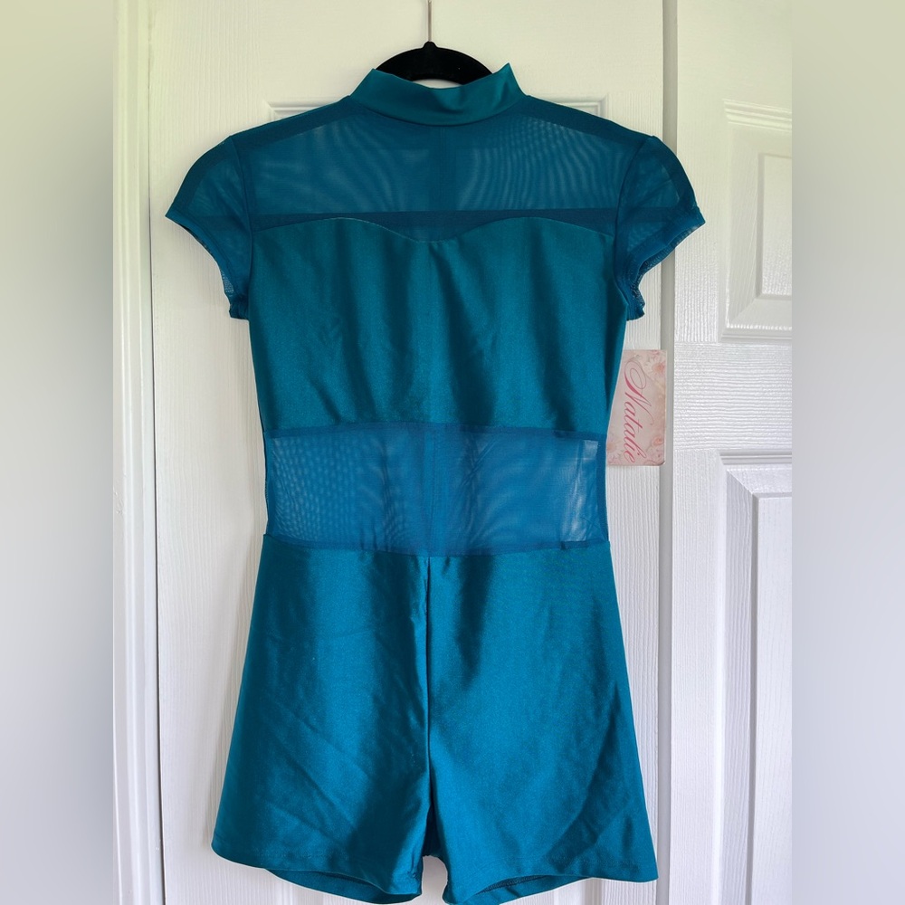 Natalie Dancewear  Teal blue unitard with short sleeves